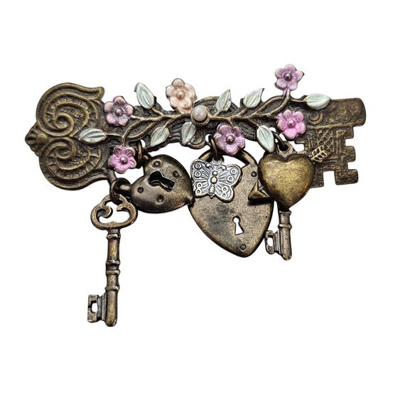 Purple Green Enamel Flower Key Bar Brooch Heart Key Charm Dangle Brass Pin C828