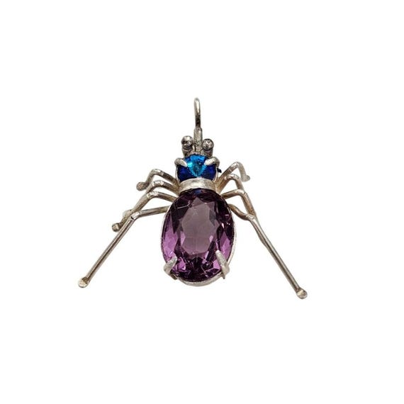 Sterling Silver Blue Rivoli Spider Pendant Purple Rhinestone