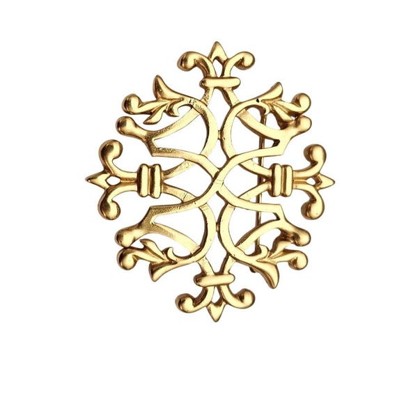 Anne Klein Fleur Heraldic Brooch, Matte Gold Tone Pin, Signed, J814