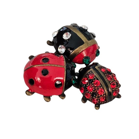 Ladybug Trio Articulated Brooch Red Black Enamel Rhinestone Pin J118