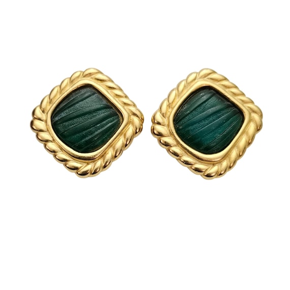 Gold Tone Green Lucite Rope Edge Square Clip On Earrings C713