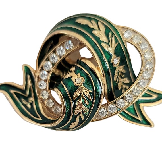 Joan Rivers Gold Tone Green Enamel Rhinestone Ribbon Brooch, Signed M198