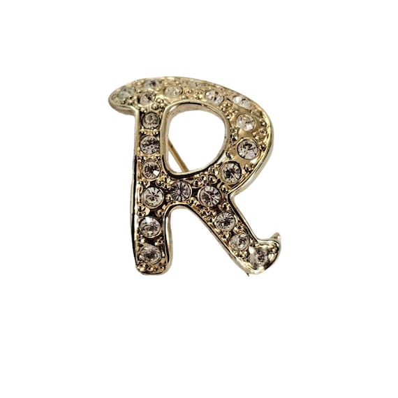 Gold Tone Clear Rhinestone Letter R Brooch Pin L141