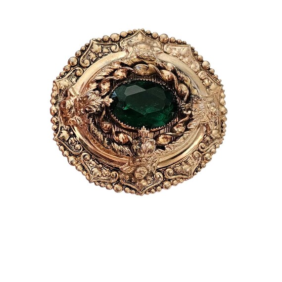 Gold Tone Vintage Victorian-Style Green Rhinestone Ornate Brooch Plated Pin, J20