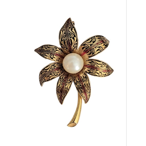 Spain Toledo Ware Faux Pearl Damascene Stem Flower Brooch Pin K422