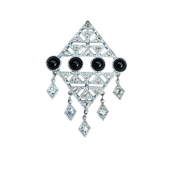 Sarah Coventry Black Lucite Cab  Clear Rhinestone Art Deco Style "Operetta" Brooch Dangle Pin, Signed