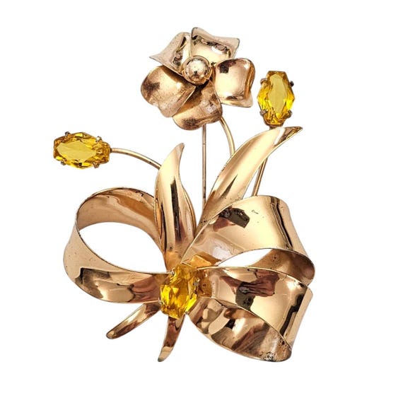 Sterling By Jordan Uranium Glass Rhinestone Flower Brooch Gold Vermeil Pin, Signed L957