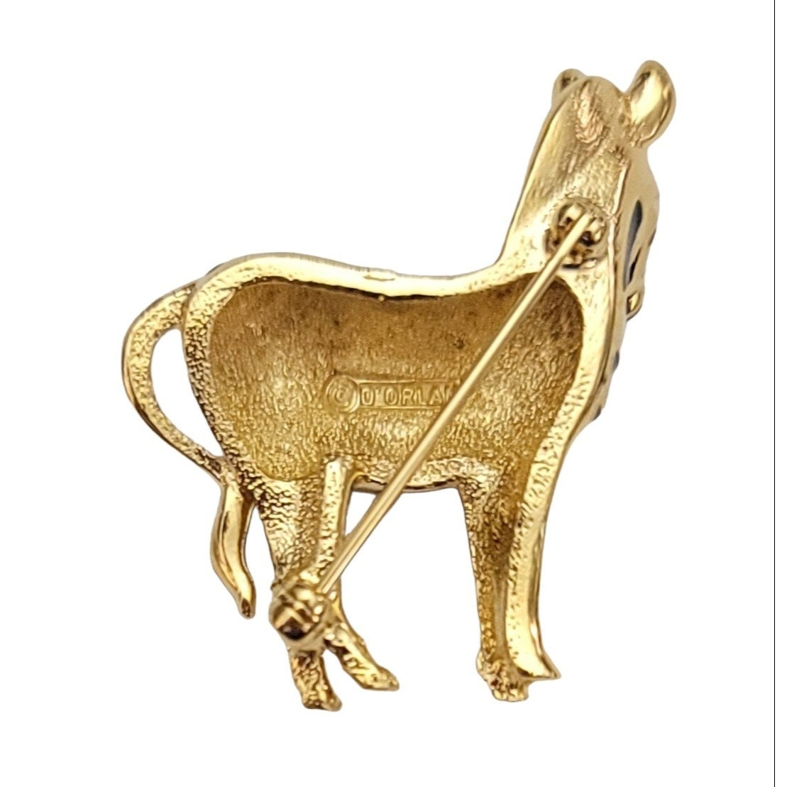 D'orlan Gold Tone Black, White Enamel Green Eye Zebra Brooch