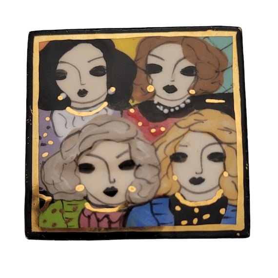 Laura Mostaghel Four Ladies Ceramic Art Brooch Pin, Signed E855