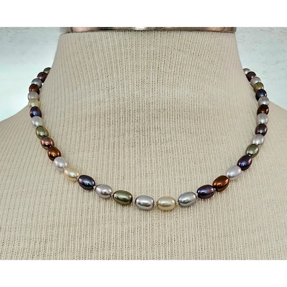 Multi-Color Knotted Fresh Water Pearl Necklace, Sterling Silver Clasp Strand  J467