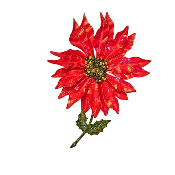 Red Enamel Metal Stemmed Poinsettia Brooch Christmas Flower Pin