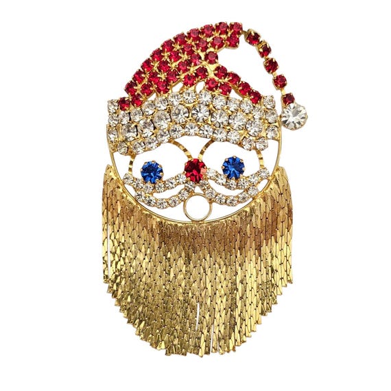 Red Clear Rhinestone Santa Brooch Articulated Chain Beard Pin J75