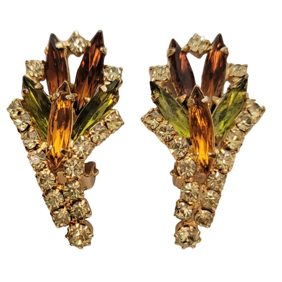 Green Jonquil Topaz Rhinestone Leaf Clip-On Earrings E255