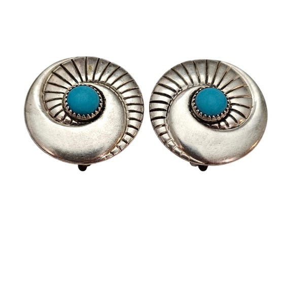 Brushed Sterling Turquoise Clip-On Round Earrings C883