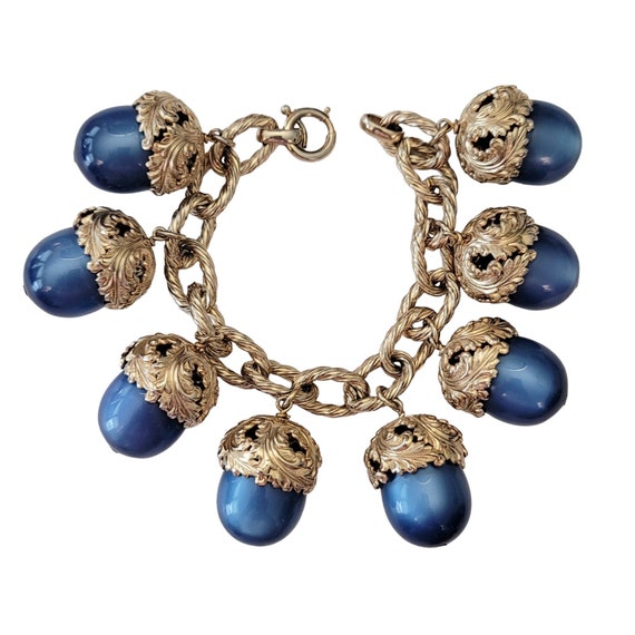 Napier Gold-Tone Moonstone Glow Stone Acorn Leaf Cap Charm Bracelet 7.5” Long, Signed E751