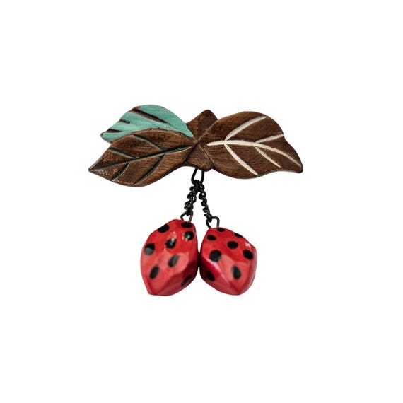 Strawberry Charm Dangle Bar Brooch Red Black Painted Wood Pin J626