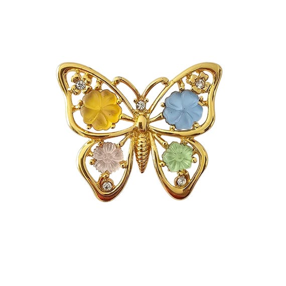 Monet Butterfly Brooch Glass Flower Inlay Vintage Pin Signed J312