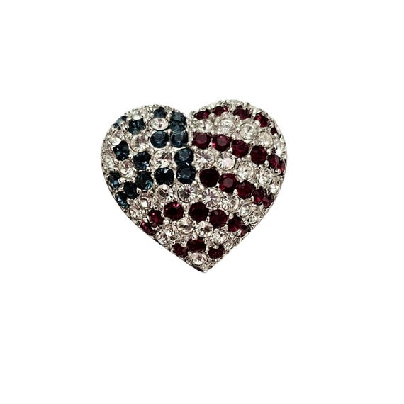 Sterling Silver Stars Stripes Red Blue Clear Rhinestone Patriotic Heart Pin, L432
