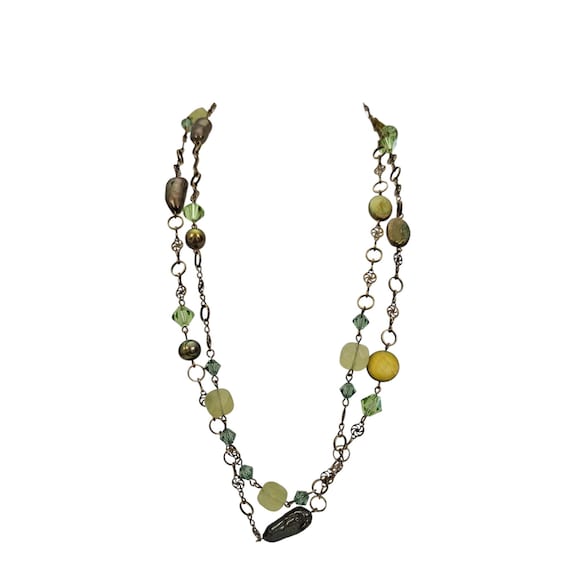 Liz Palacios Green Stones, Coin Pearls, Bi Cones, Peacock Baroque Bead Chain Necklace, 42" Long L828