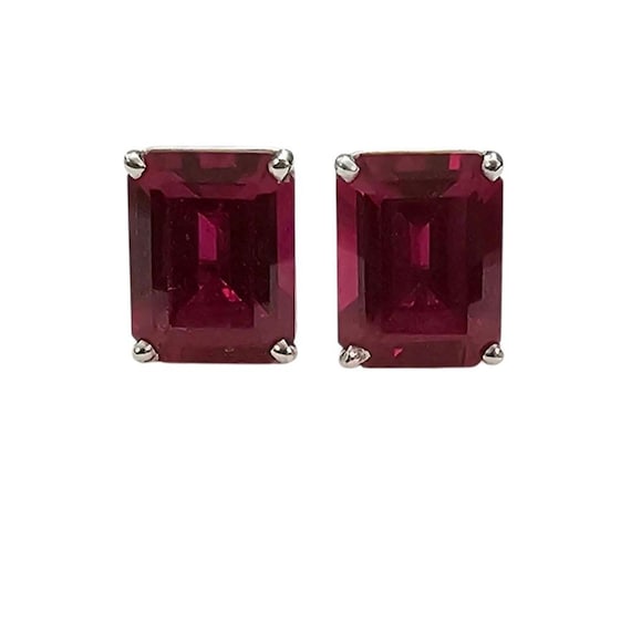 14K White Gold Emerald Cut Lab, Ruby Post Earrings