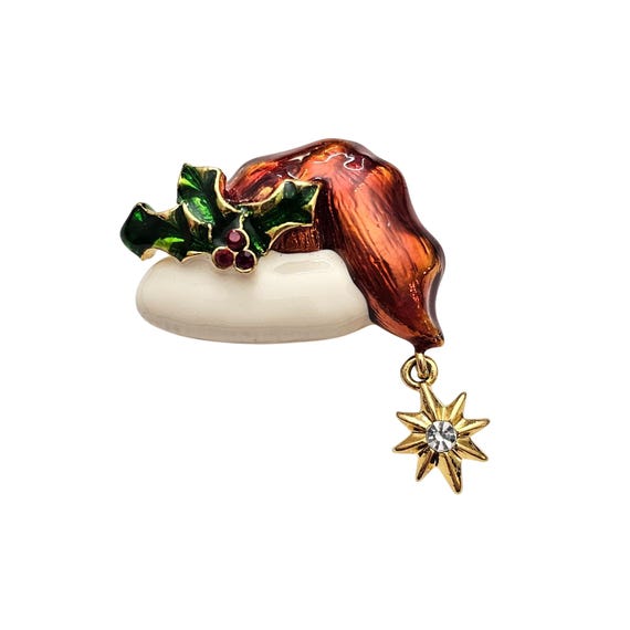 Christopher Radko Santa Hat Brooch, Red Enamel Rhinestone Pin, Signed