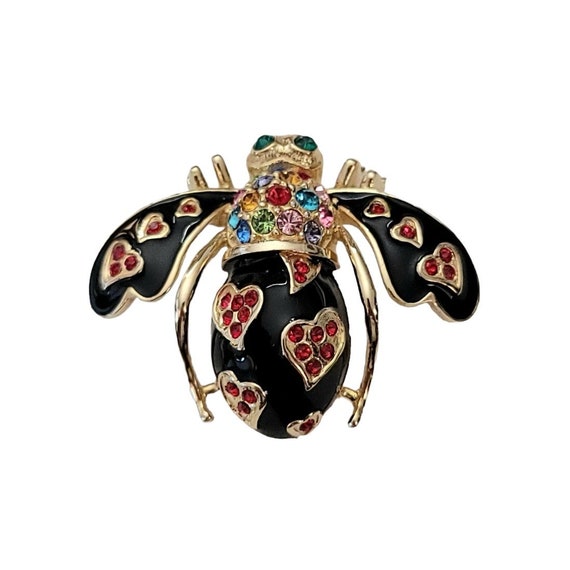 Sterling Silver, Black Enamel Multi Color Rhinestone Heart Bee Bug Fly Brooch Pin L49