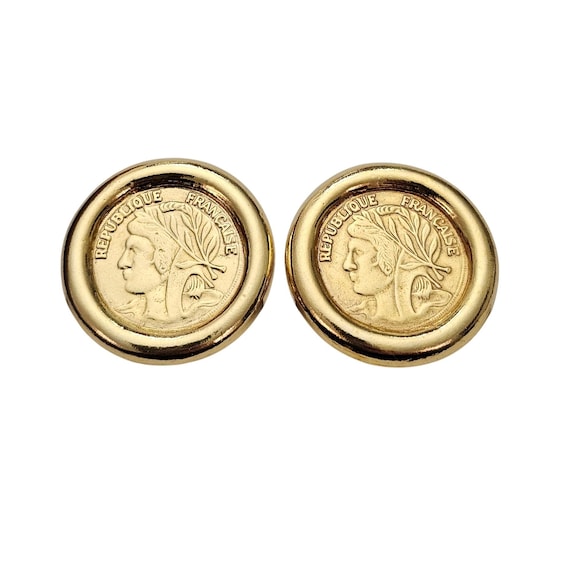 Gold Tone Republique Française Design Clip On Round Coin Style Earrings C712
