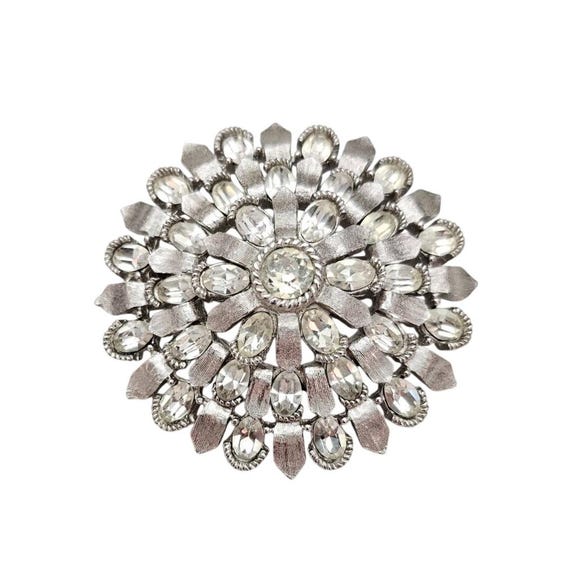 Trifari Round Floral Oval Clear Rhinestones Brooch Tiered Pin Signed J813