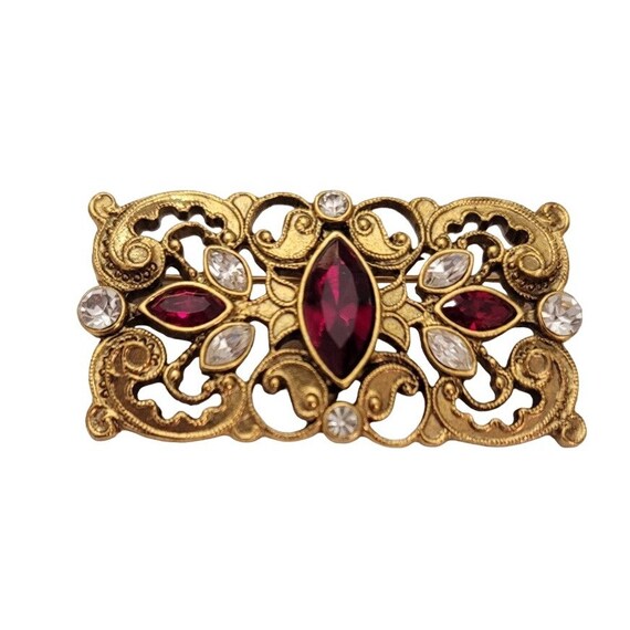 1928 Brand Gold Tone Red, Clear Glass Rhinestone Scroll Bar Brooch Pin E489