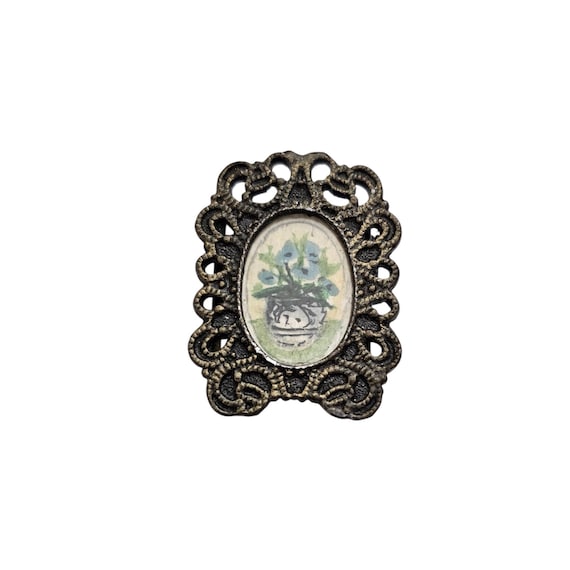 Vase of Flowers Mini Paintings In Frame Brooch Water Color Vintage Pin