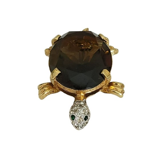 Panetta Gold Tone Smoky Faceted Rhinestone Glass Turtle