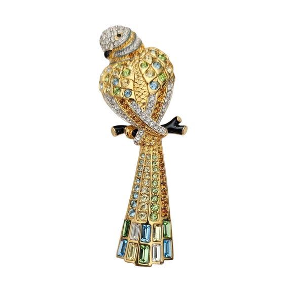 Swarovski Blue Green Clear Crystal HTF Gold Tone Bird Sitting On Branch Brooch, L987