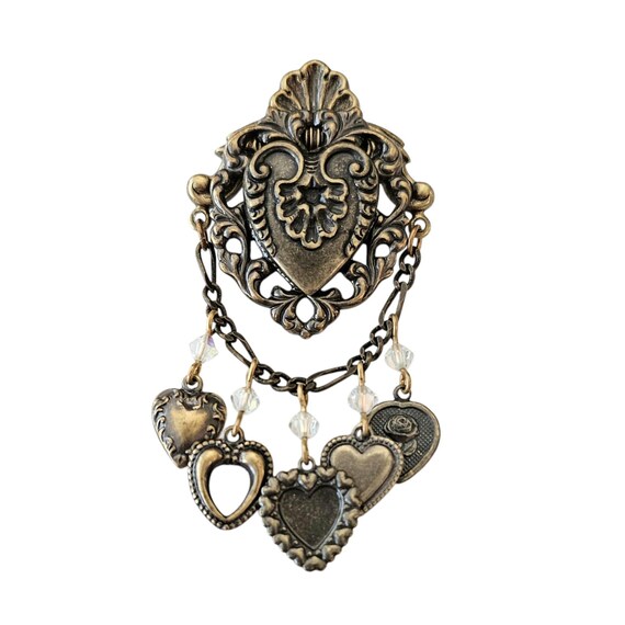 Heart Shield Pin Brass Chatelaine Style AB Rhinestone Dangle Lapel Tack, J24