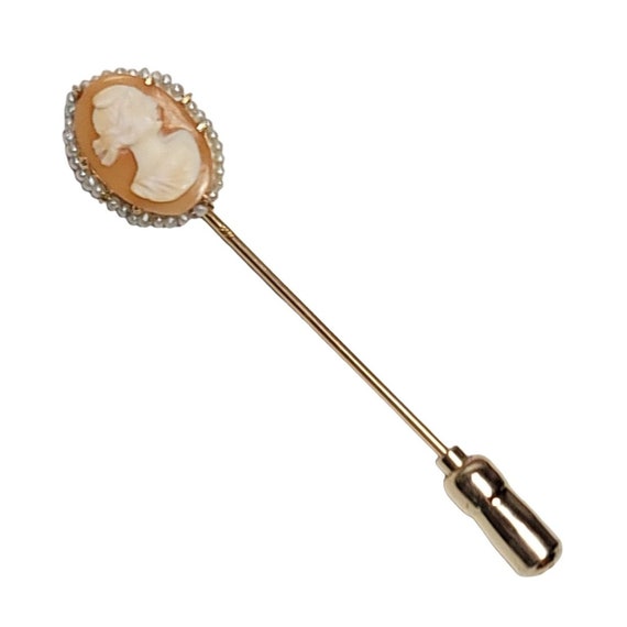 10k Yellow Gold Seed Pearl Cameo Stick Lapel Pin