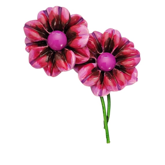 Pink Purple Plastic Daisy Flower Duo, Green Metal Stem Pin Brooch E143