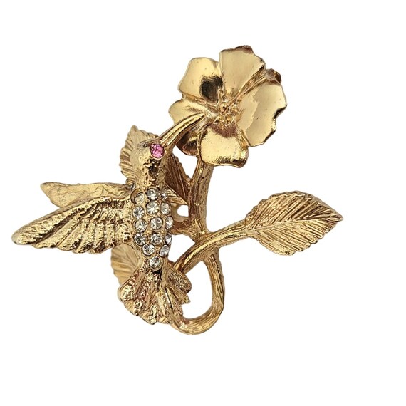 Gold Tone Clear Rhinestone Hummingbird Trembler Brooch Pin, M328