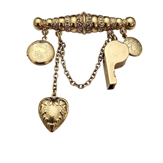 Chatelaine Chain Style Bar Brooch Whistle Lockets Heart Charm Dangle Pin C876
