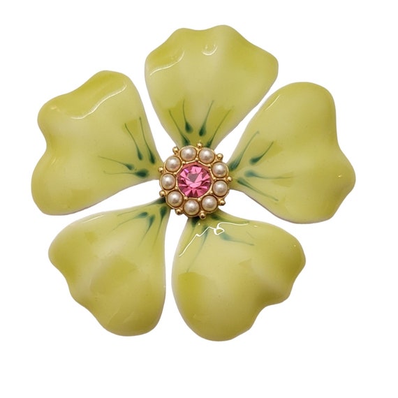 Yellow Green Enamel Faux Pearl Pink Rhinestone Flower Brooch E627