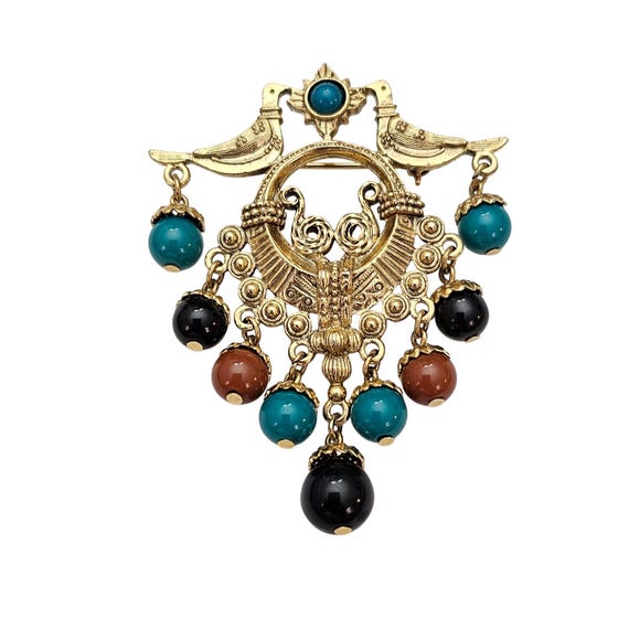 1928 Brand Tribal, Mayan Inspired Bead Dangle Brooch Bird Etruscan Element C895