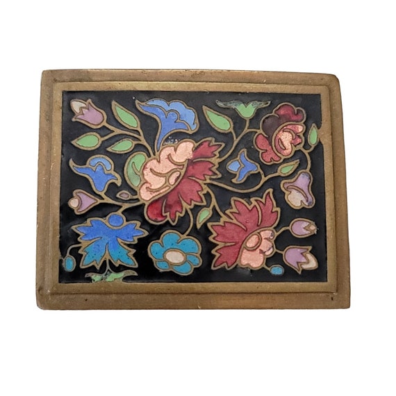 Gold Tone Cloisonné Style Rectangular C-Clasp Pin Floral Brooch, L20