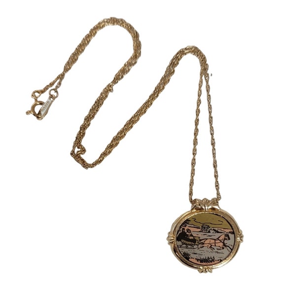 Avon 1982 Country Christmas Sleigh Ride Pendant Chain Necklace 18" Long, Signed E89