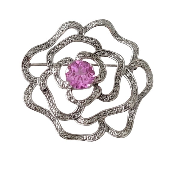 Silver Plated Modernist Open Style Pink Prong Set Rhinestone Flower Brooch E763