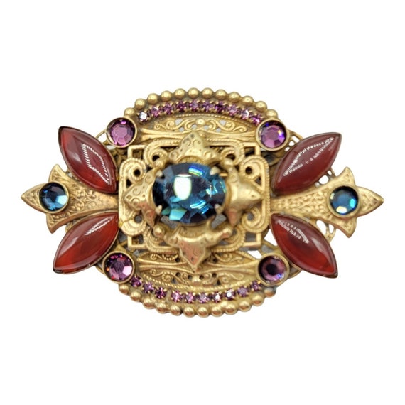 Sorrelli Goldtone Gripoix Nouveau Style, Rhinestone Brooch Signed
