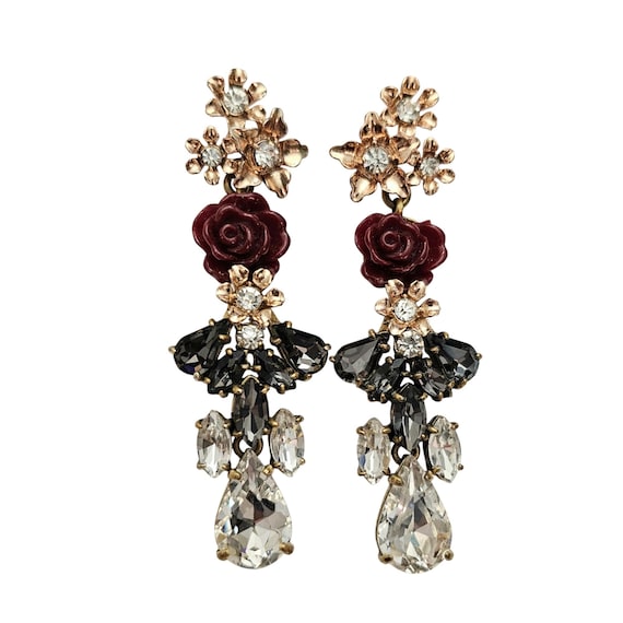 J. Crew Rose Smokey Clear Rhinestone Statement Drop Post Earrings Signed J559