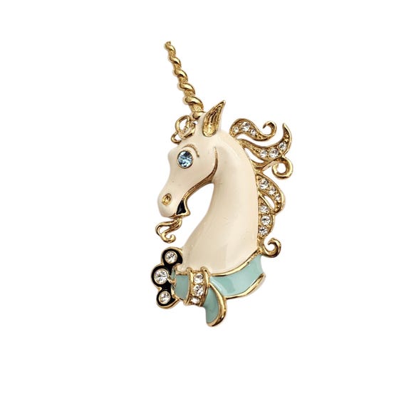 Bob Mackie Unicorn Brooch Robin's Egg Blue Buck Collar, Rhinestone Signed