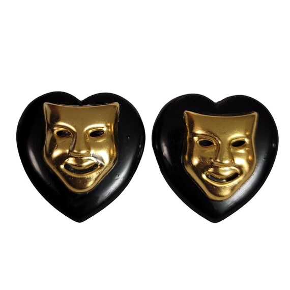 Gold Tone Tragic And Comedy Mask Black Plastic Heart Clip-On Earrings E26