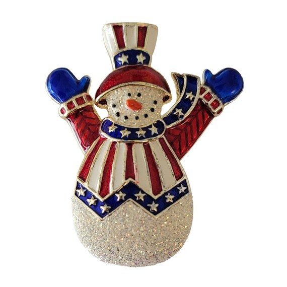 Patriotic Red White Blue Enamel Glitter Snowman Brooch Pin, E768