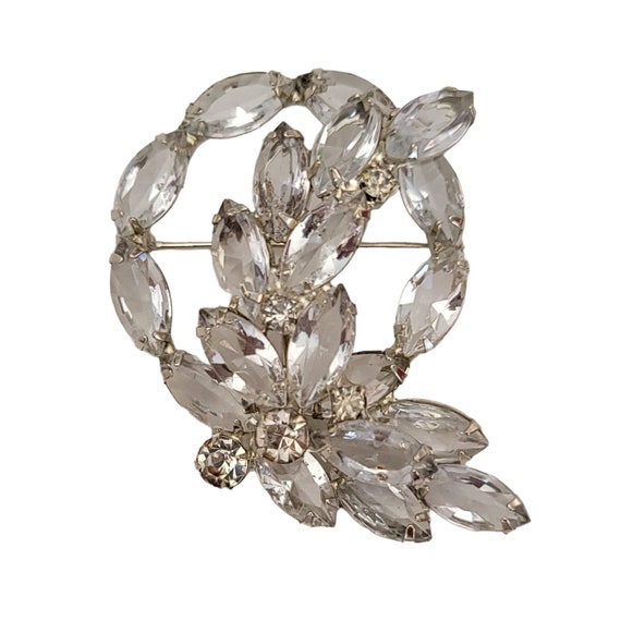 Silver Tone Prong Clear Rhinestones Cluster Paisley Leafy Pin Brooch K229