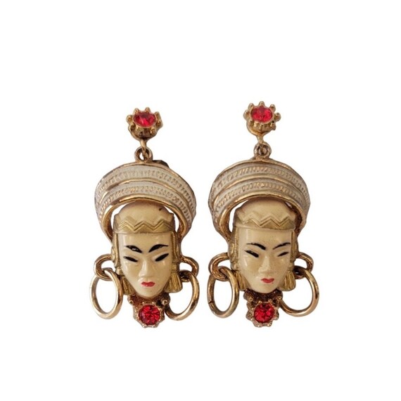 Selro Selini Gold Tone Red Rhinestone Asian Lady Face Screw Back Earrings E494