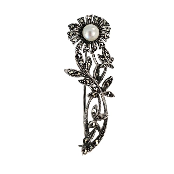 Sterling Silver Marcasite Faux Pearl Flower Leaf Brooch Pin L81